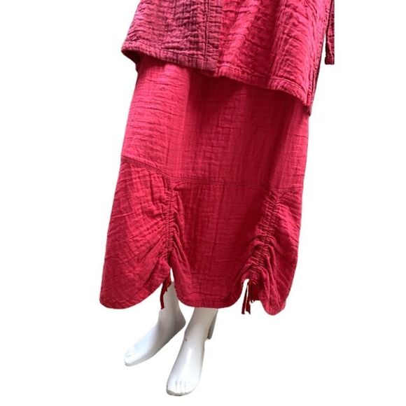 Kleen Thick Rumpled Cotton Lagenlook Multi Pink Button Down Tunic Maxi Skirt Set - Picture 4 of 11
